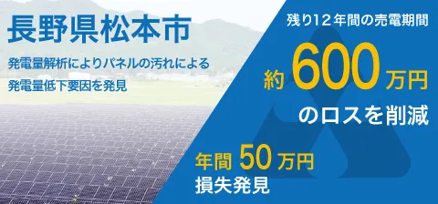 長野県松本市。発電量解析によりパネル汚れによる発電量低下要因を発見。残り12年間の売電期間。約600万円のロスを削減。年間50万円損失発見。