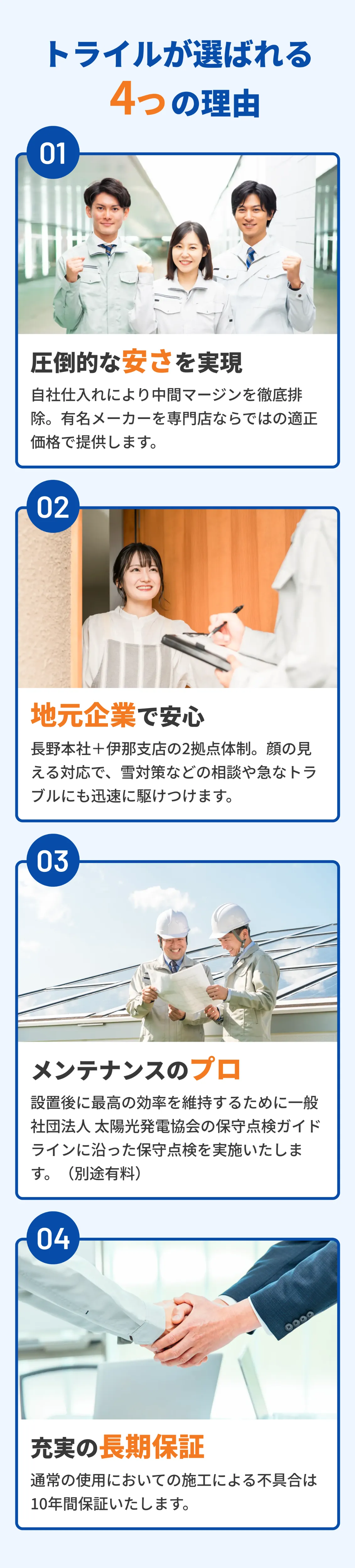 トライルが選ばれる4つの理由。01 圧倒的な安さを実現：自社仕入れにより中間マージンを徹底排除。有名メーカーを専門店ならではの適正価格で提供します。02 地元企業で安心：長野本社＋伊那支店の2拠点体制。顔の見える対応で、雪対策などの相談や急なトラブルにも迅速に駆けつけます。03 メンテナンスのプロ：設置後に最高の効率を維持するために一般社団法人太陽光発電協会の保守点検ガイドラインに沿った保守点検を実施いたします（別途有料）。04 充実の長期保証：通常の使用においての施工による不具合は10年間保証いたします。